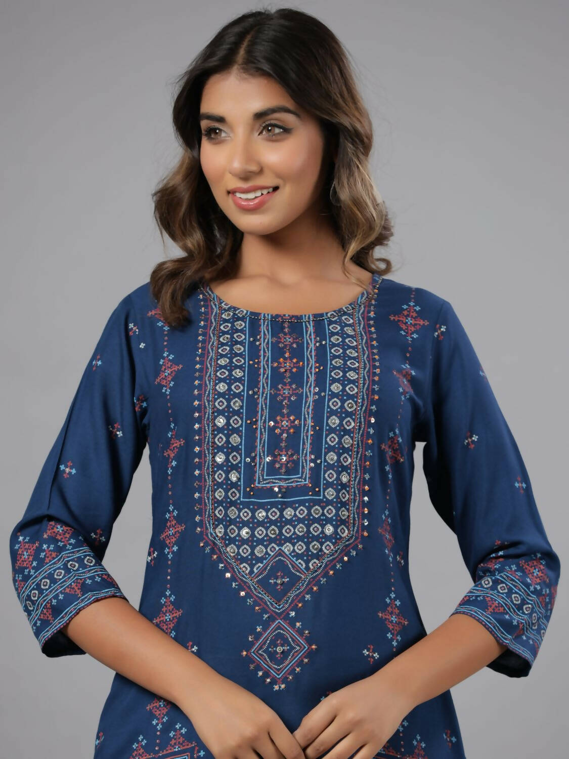 Juniper Women Navy Blue Printed Straight Kurta - Distacart