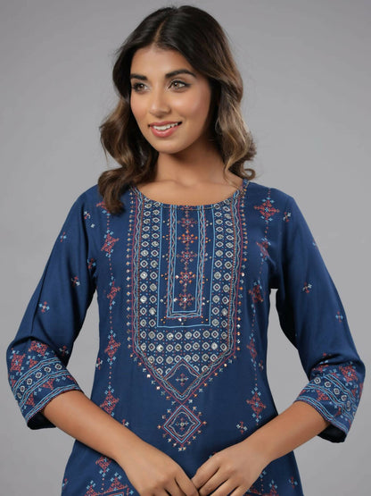 Juniper Women Navy Blue Printed Straight Kurta - Distacart
