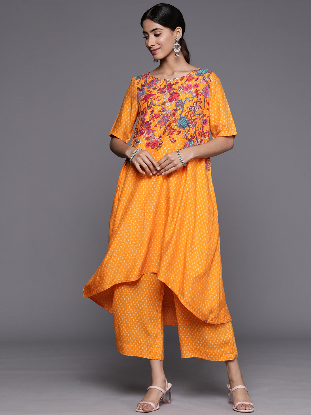 Biba Ethnic Motifs Print High-Low Kurta with Trousers - Distacart