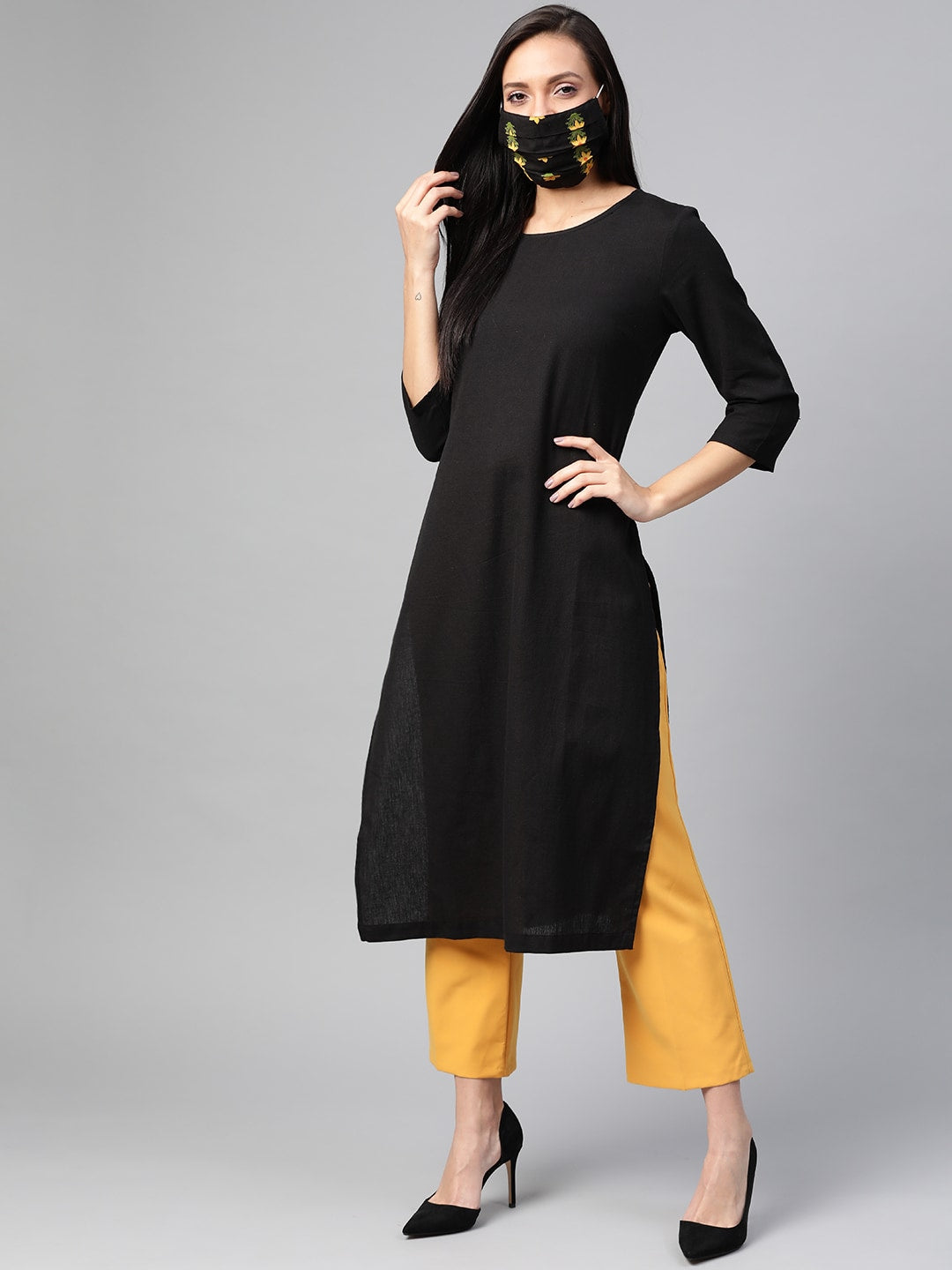 HERE&NOW Women Black Solid Straight Kurta - Distacart