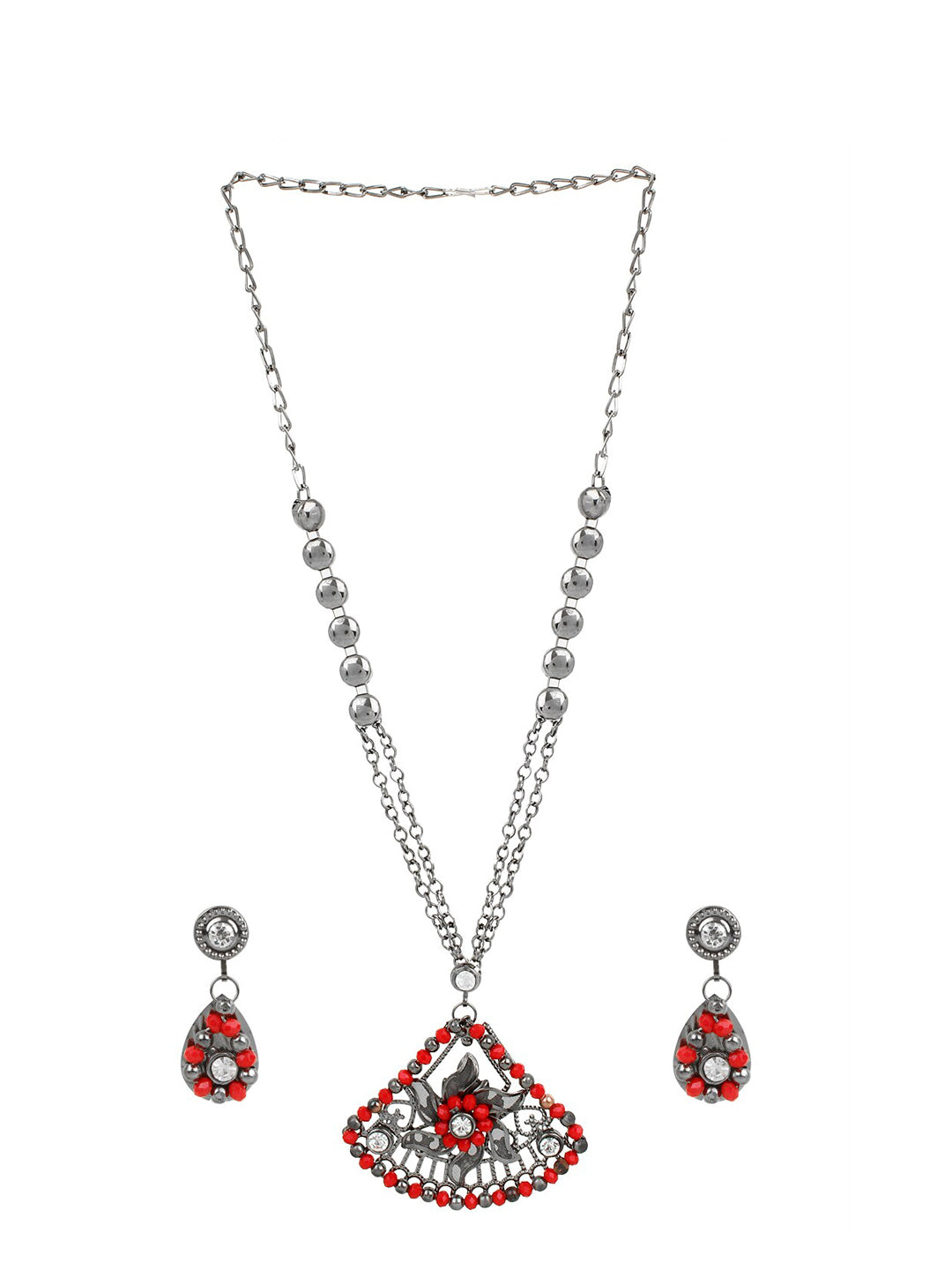 Cardinal Women Oxidised Silver-Plated Red Stone Studded & Beaded Jewellery Set - Distacart