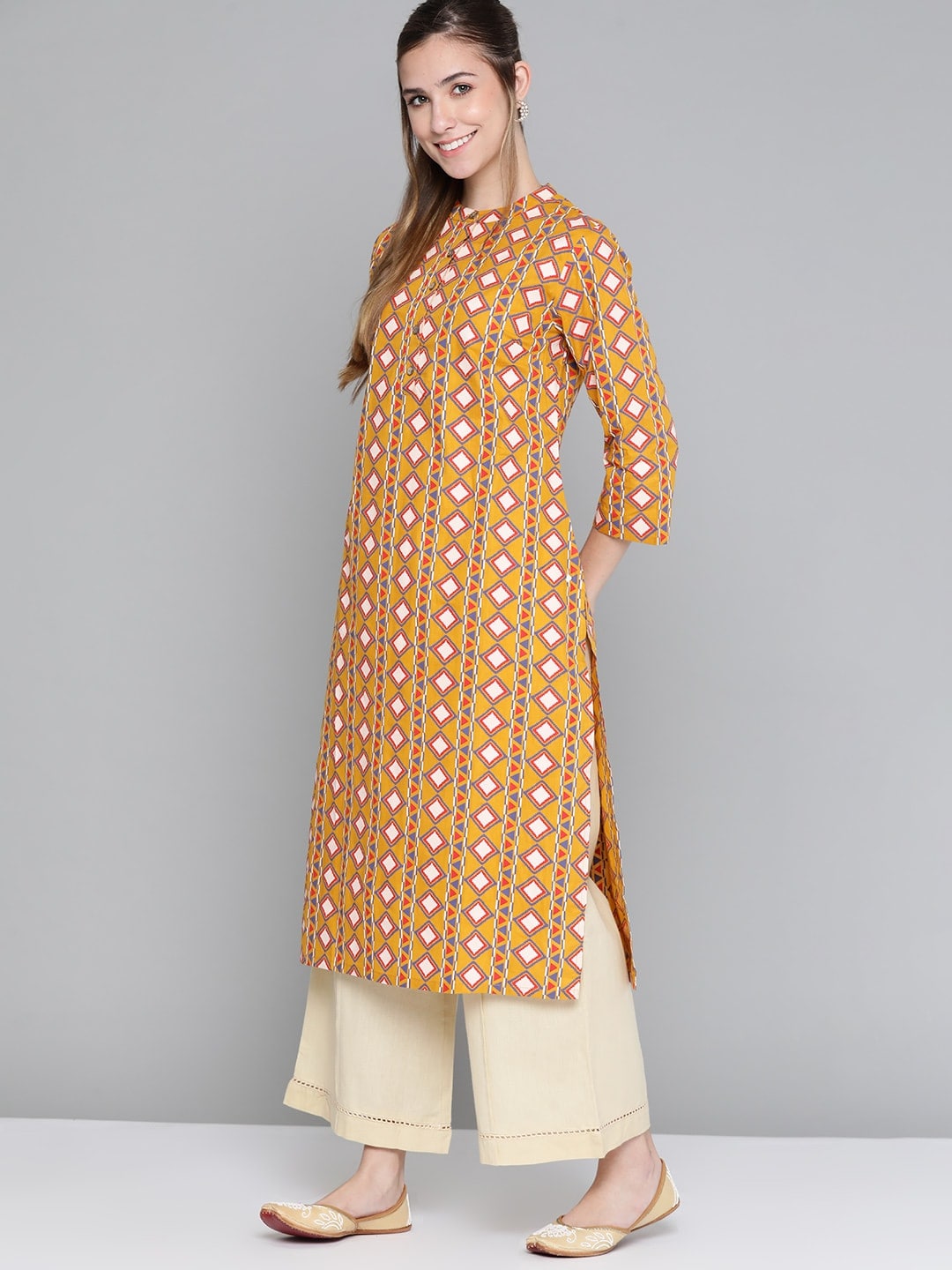 HERE&NOW Women Mustard Yellow & Cream Pure Cotton Geometric Printed Kurta - Distacart
