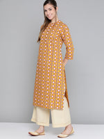 Thumbnail for HERE&NOW Women Mustard Yellow & Cream Pure Cotton Geometric Printed Kurta - Distacart