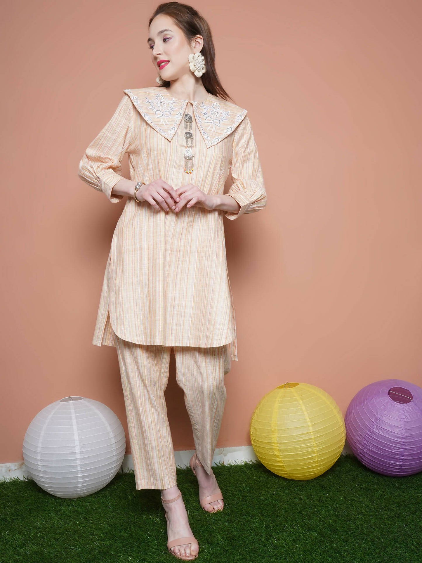 Women Republic Beige Striped Kurta Set - Distacart