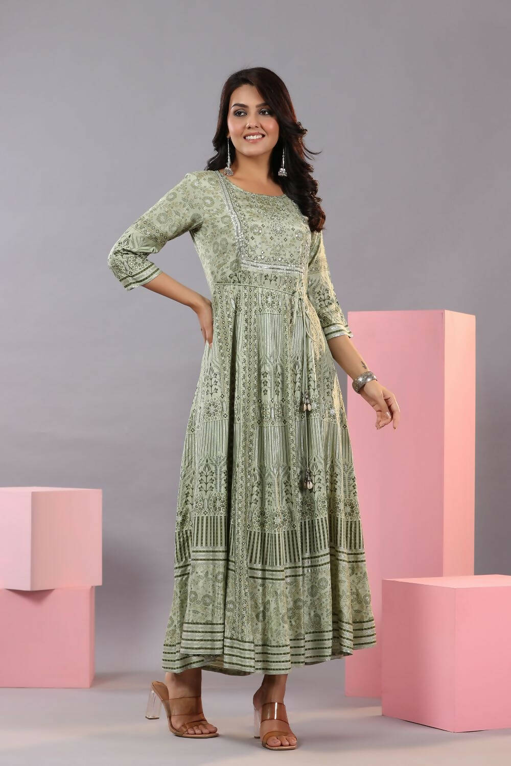 Juniper Women Olive Green Shantoon Floral Printed Maxi Dress - Distacart