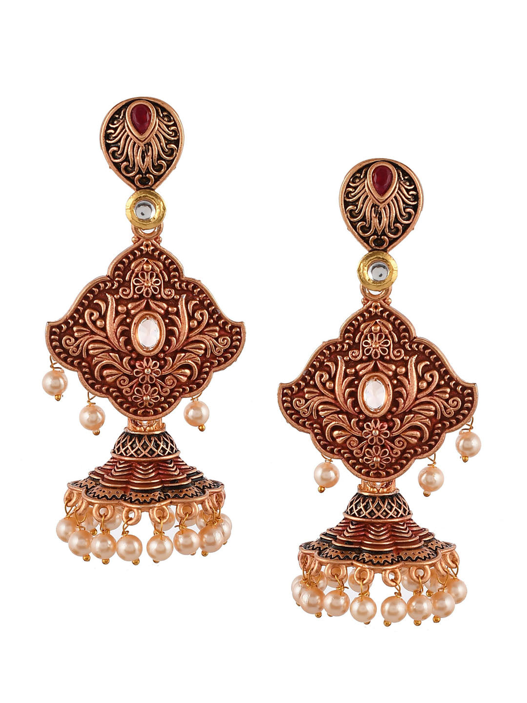 Shoshaa Maroon & Gold-Toned Contemporary Jhumkas Earrings - Distacart