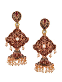Thumbnail for Shoshaa Maroon & Gold-Toned Contemporary Jhumkas Earrings - Distacart