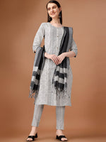 Thumbnail for HERE&NOW White & Black Ethnic Motifs Printed Pure Cotton Kurta With Trousers & Dupatta - Distacart