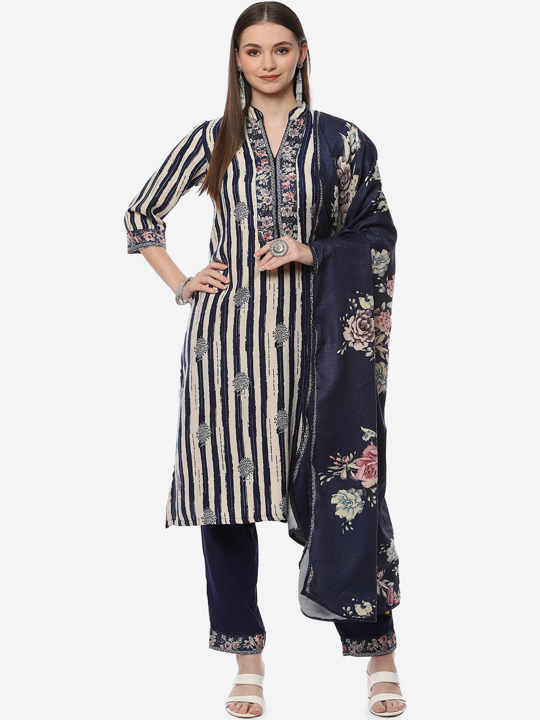 Biba Women Blue Floral Printed Kurta with Trousers With Dupatta - Distacart