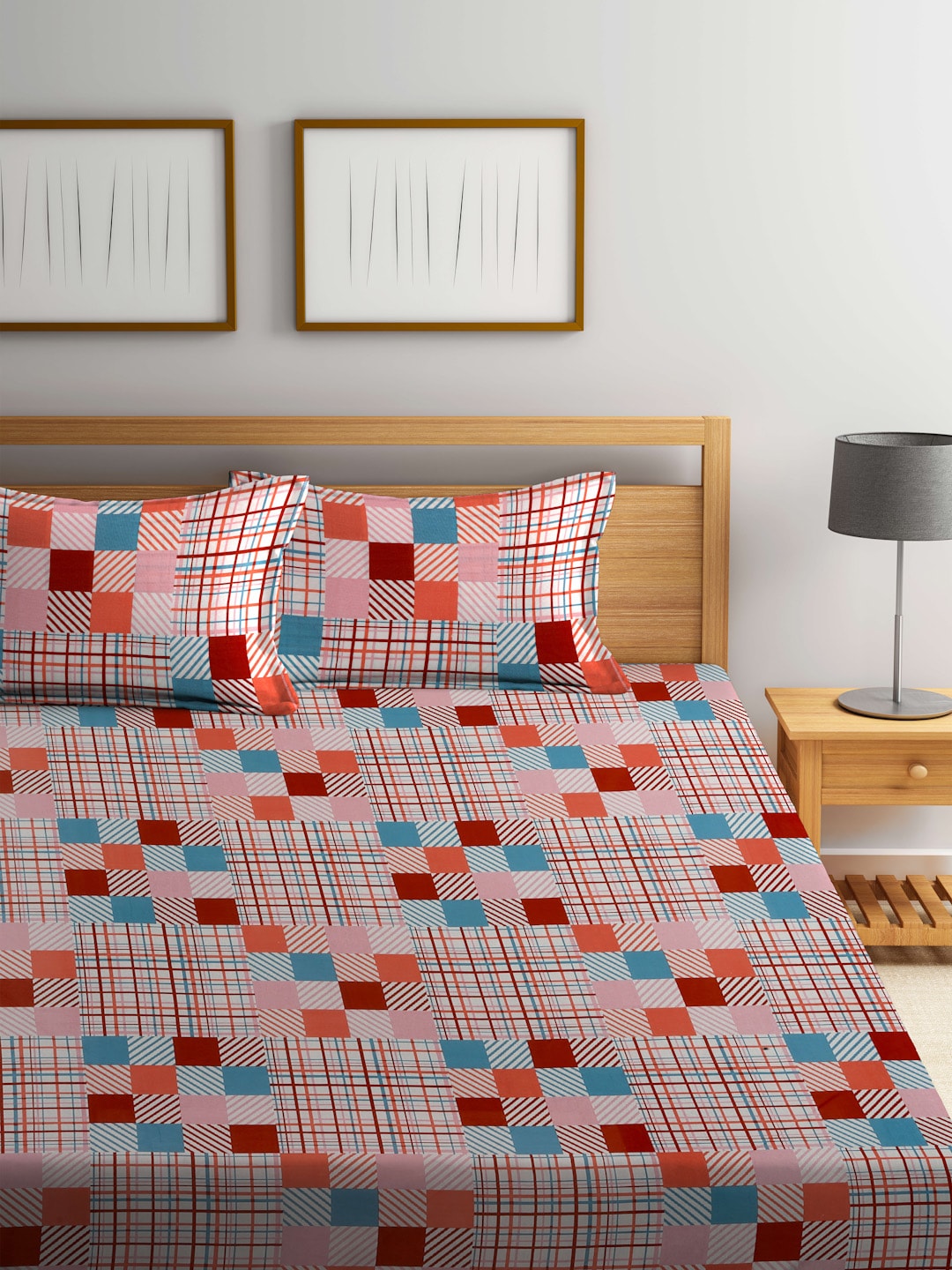 BOMBAY DYEING Marigold Pink Geometric Cotton 104 TC King Bedsheet & 2 Pillow Covers - Distacart