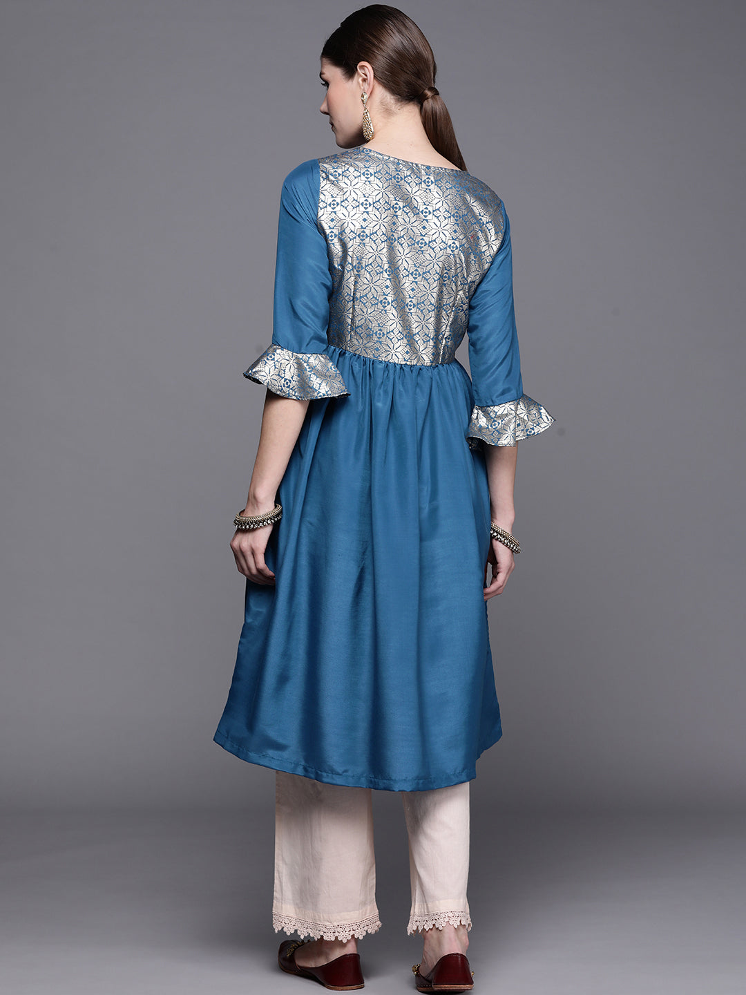 Biba Women Teal Blue & Golden Ethnic Motifs Yoke Design A-Line Kurta - Distacart