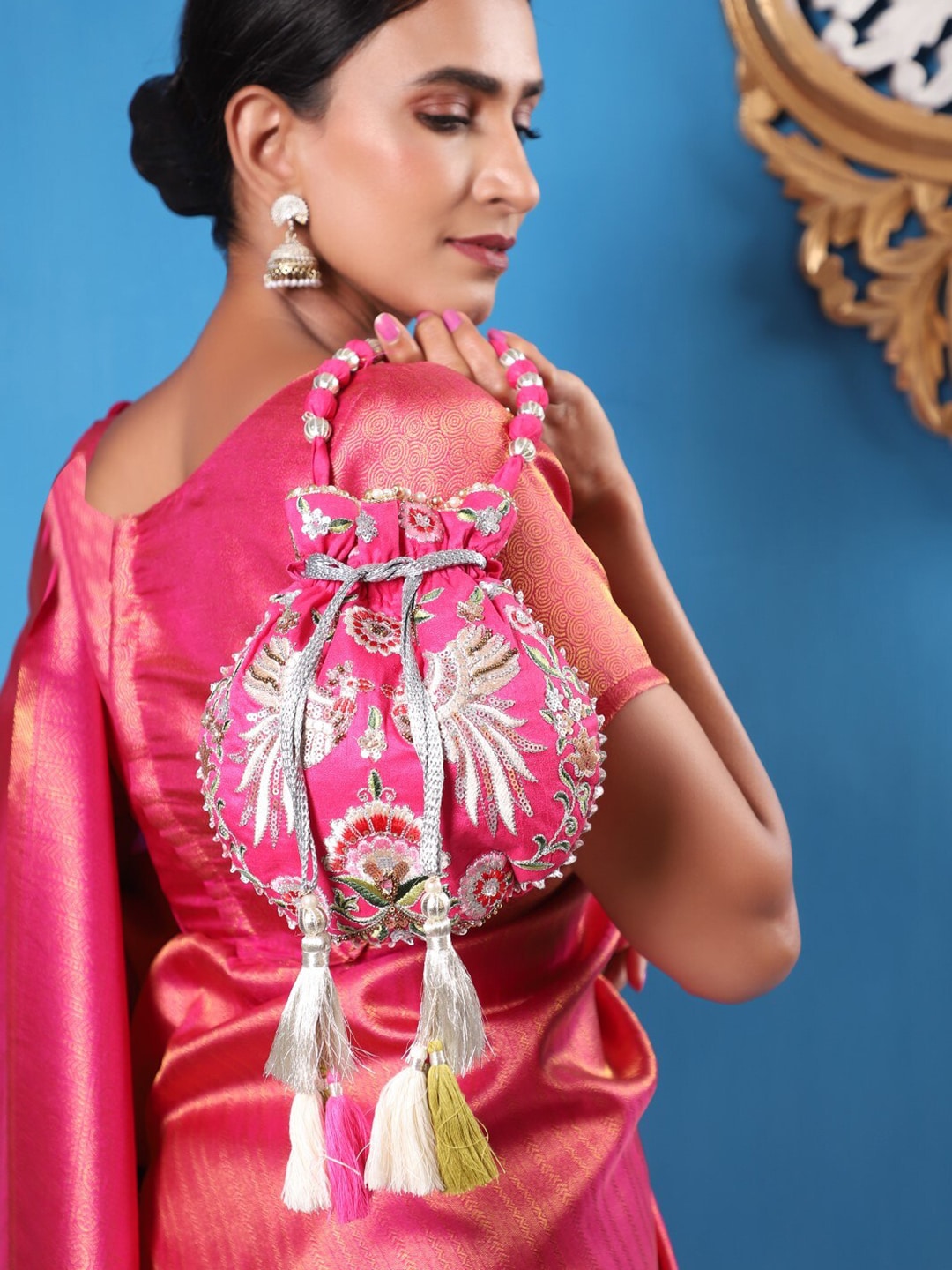 Masq Magenta & White Embroidered Potli Clutch - Distacart