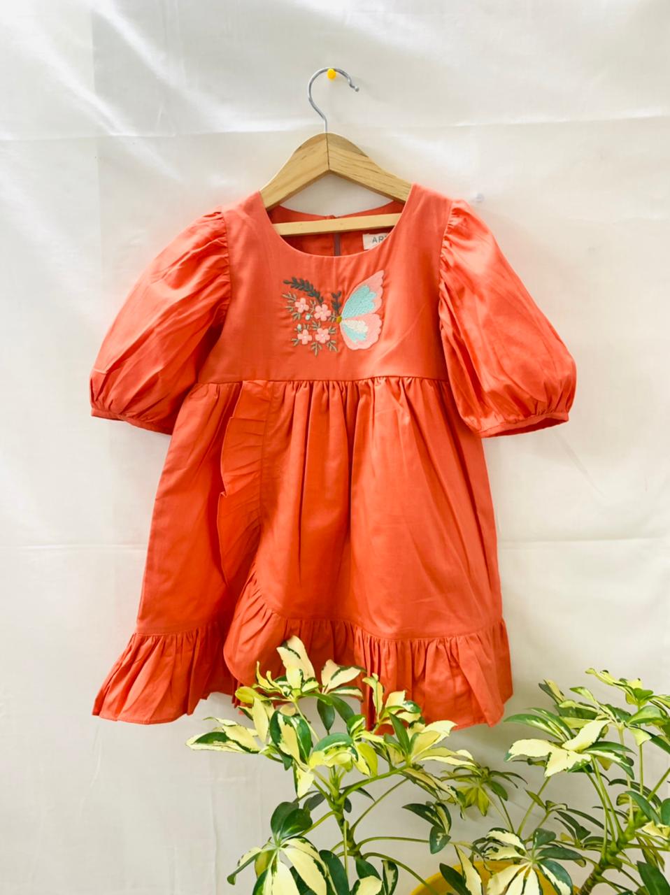 ArthLife Orange Butterfly Embroidered Dress - Distacart