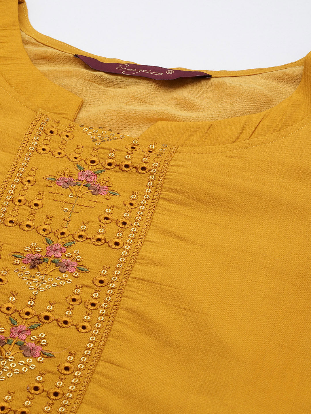 Sangria Women Mustard Yellow & Green Ethnic Motifs Embroidered Cotton Kurta Set - Distacart