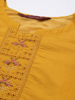 Thumbnail for Sangria Women Mustard Yellow & Green Ethnic Motifs Embroidered Cotton Kurta Set - Distacart