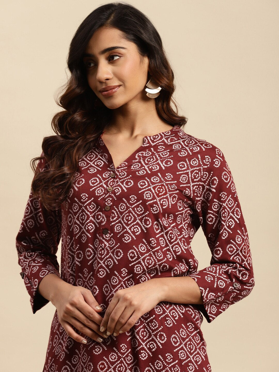 Sangria Maroon Bandhani Printed Pure Cotton Straight Kurta - Distacart