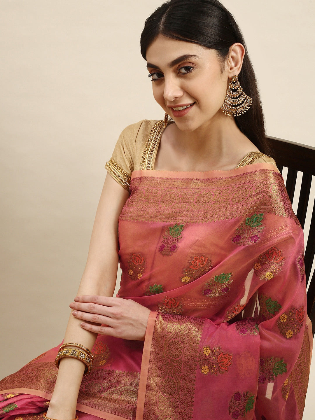Mitera Pink & Green Floral Zari Organza Kanjeevaram Saree - Distacart
