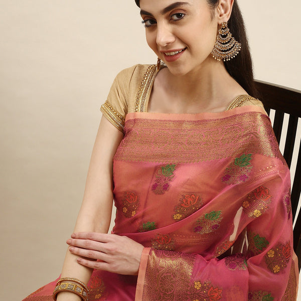 Mitera Pink & Green Floral Zari Organza Kanjeevaram Saree - Distacart