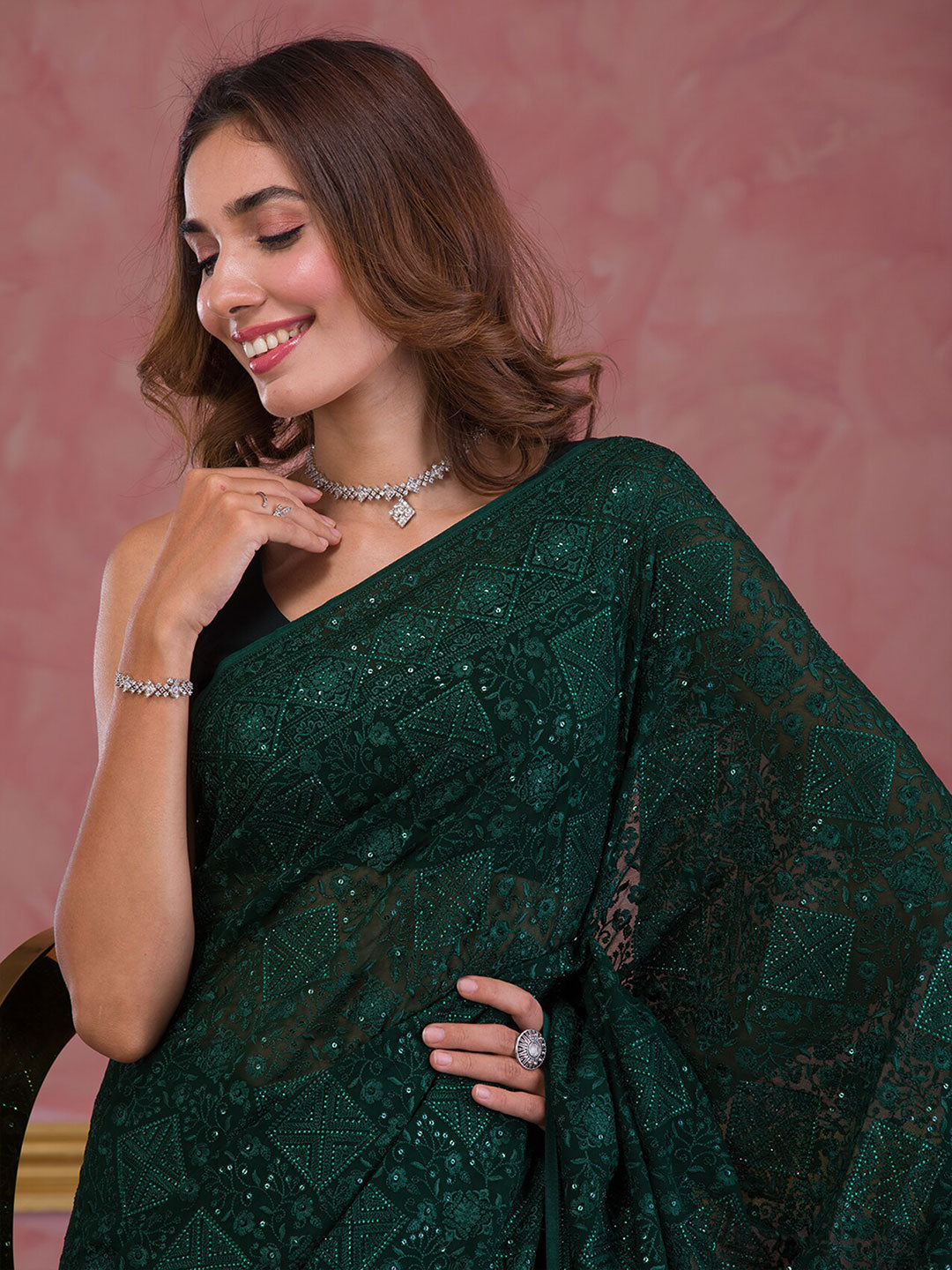 Koskii Embellished Embroidered Poly Georgette Saree - Distacart