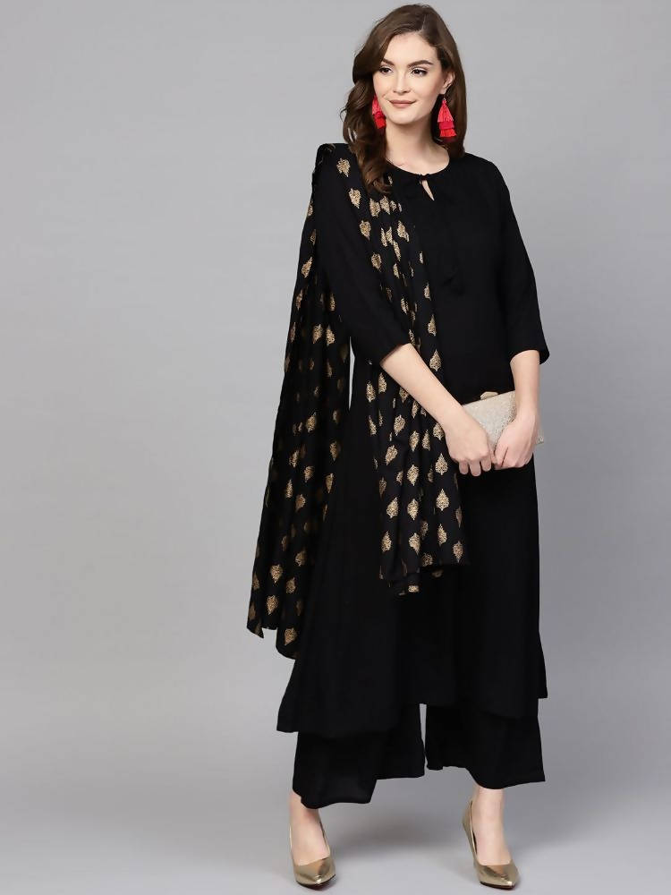 Yufta Women Black Solid Kurta with Palazzo & Dupatta