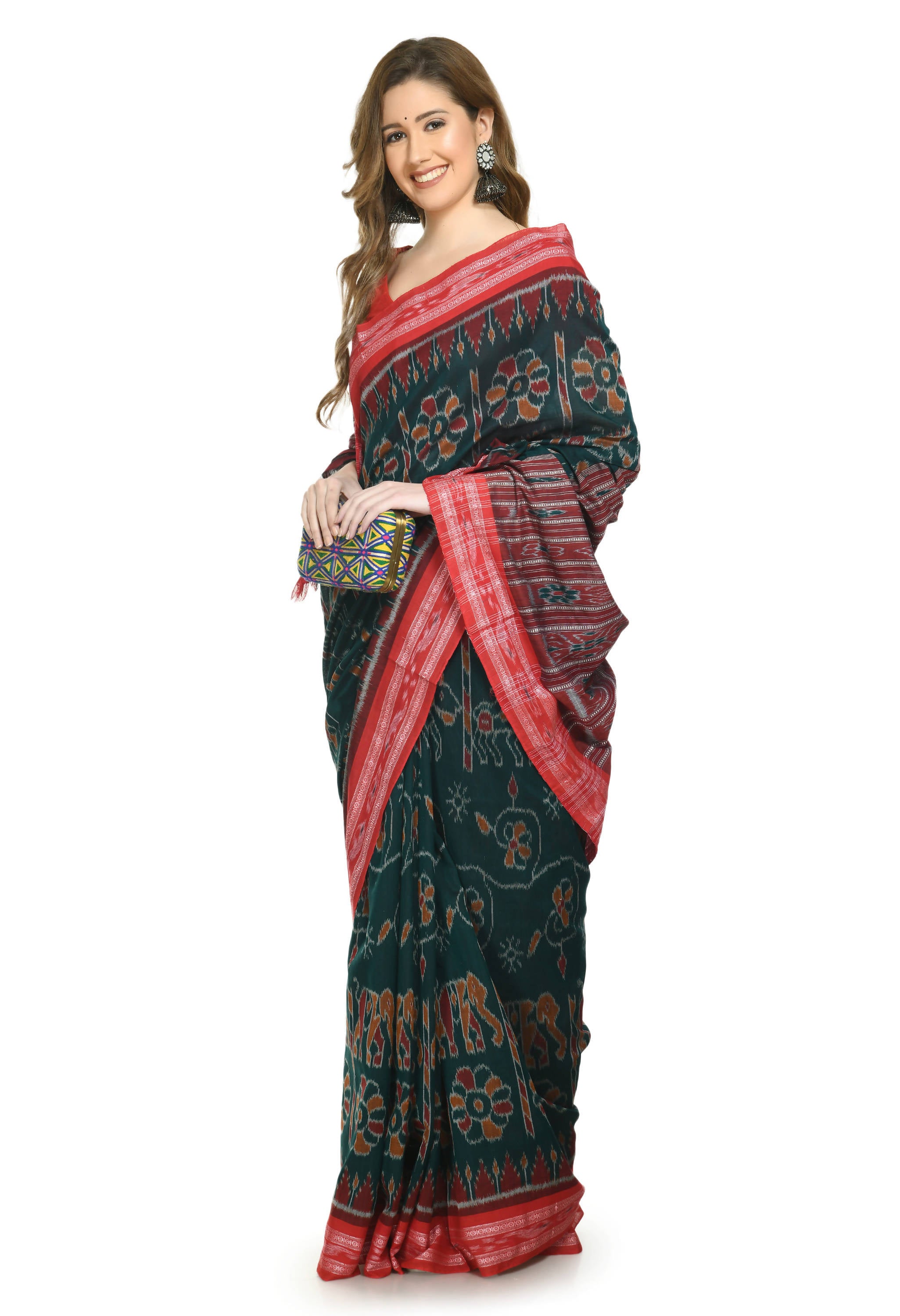 Vamika Sambalpuri Ikat Cotton Dehabandha Green & Red Saree - Distacart