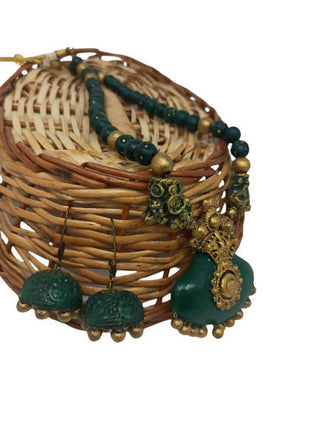 Terracotta Dark Green Crown Pendant Long Necklace Set Paired with Hanging Temple Jhumkas
