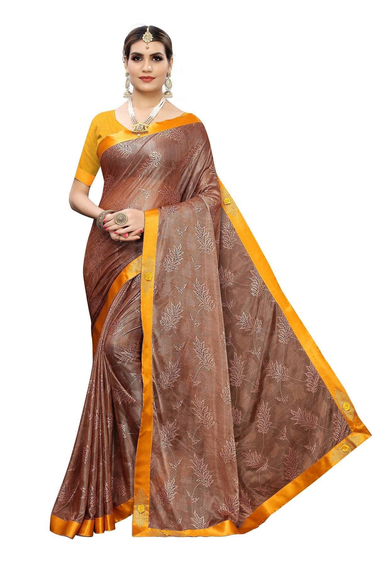 Vamika Brown Lycra Embroidery Saree