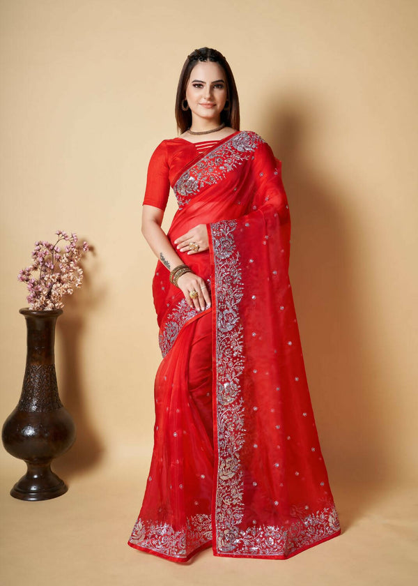 Vamsee Red Organza Saree - Distacart