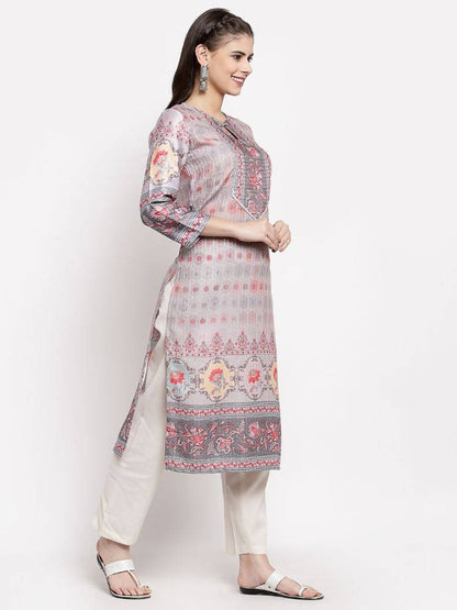 Myshka Women's Beautiful Multi Cotton Printed 3/4 Sleeve Round Neck Casual Kurta
