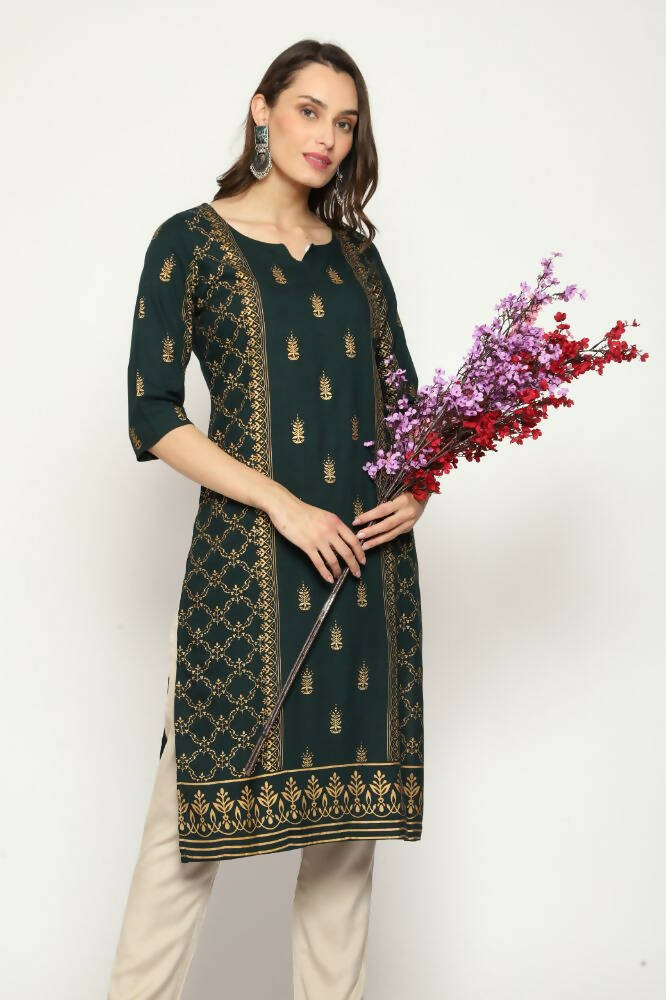 Maai Rayon Hand Printed Kurta Green - Distacart