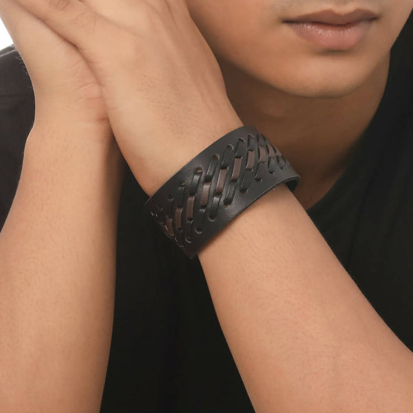 NVR Men's Black Leather Bracelet - Distacart