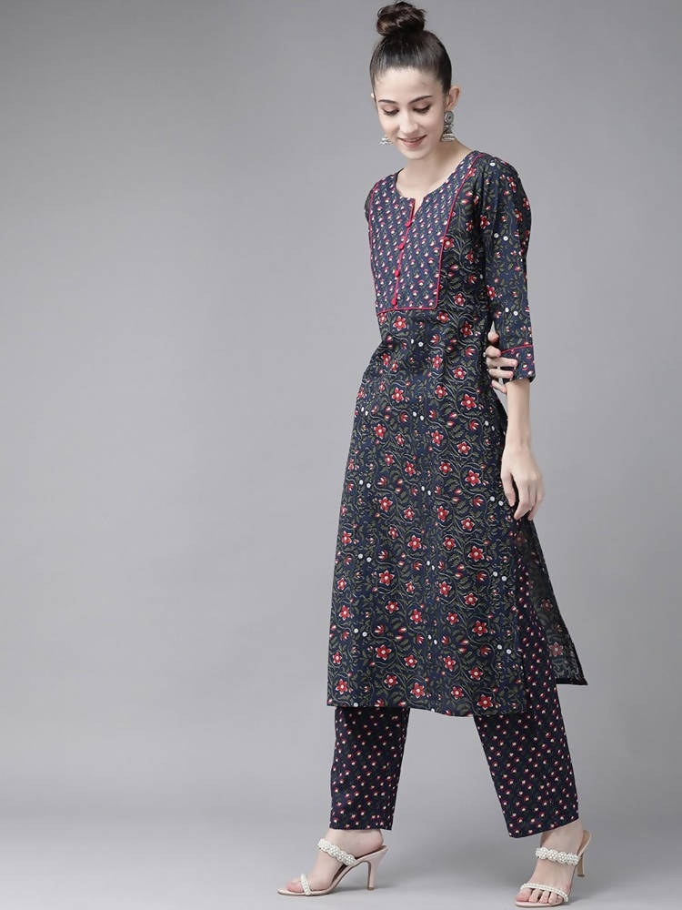 Yufta Women Navy Blue & Pink Ethnic Motifs Printed Pure Cotton Kurta with Trouser