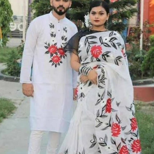 Exclusive Collection Elegant Hand Printing Designe On Pure Cotton Saree And Men's Kurta - White - Distacart