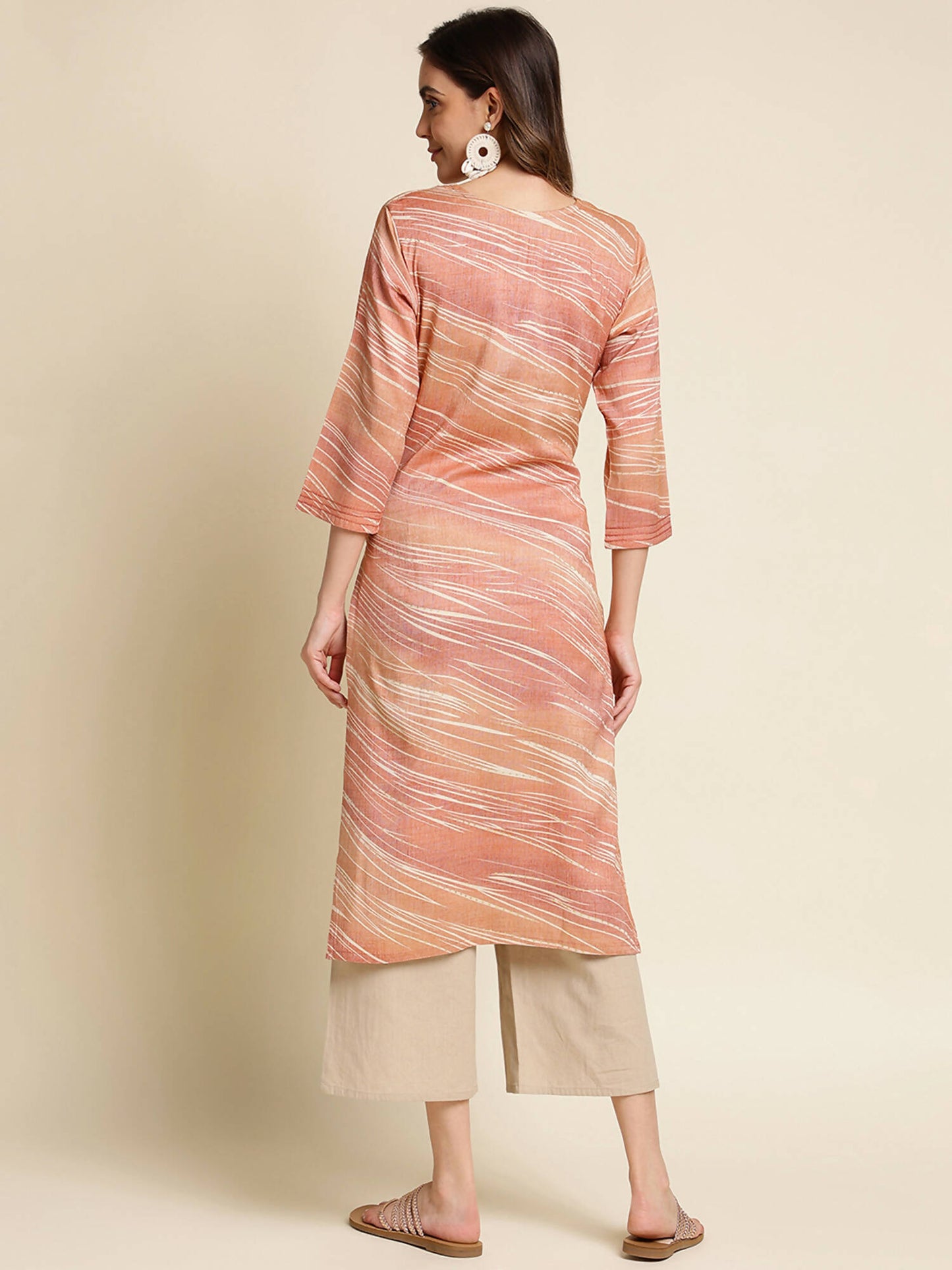 Peach Poly Rayon Stripe Printed Straight Fit Kurta - Prasuti - Distacart
