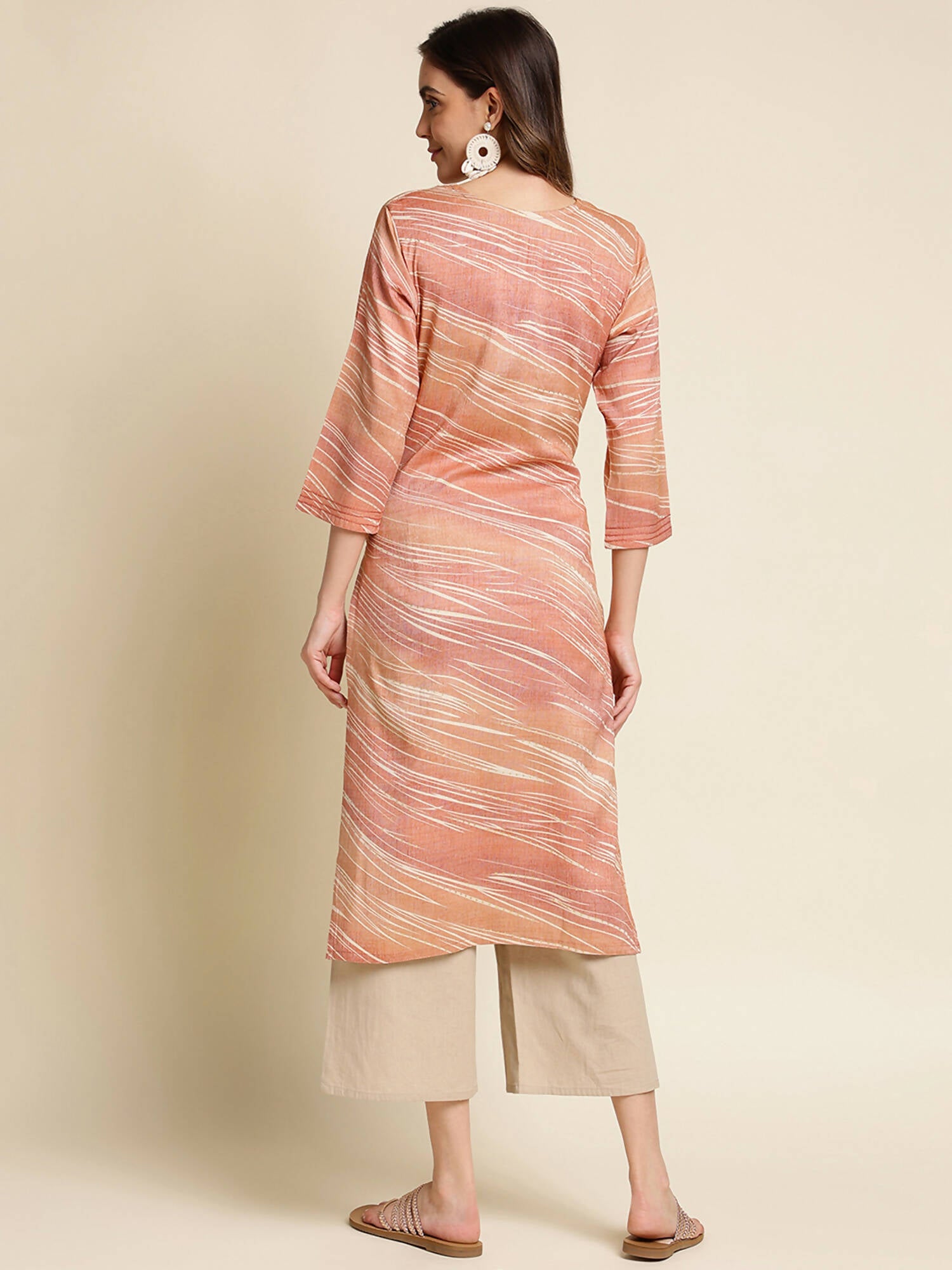 Peach Poly Rayon Stripe Printed Straight Fit Kurta - Prasuti - Distacart