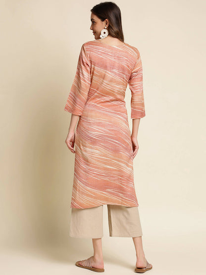 Peach Poly Rayon Stripe Printed Straight Fit Kurta - Prasuti - Distacart