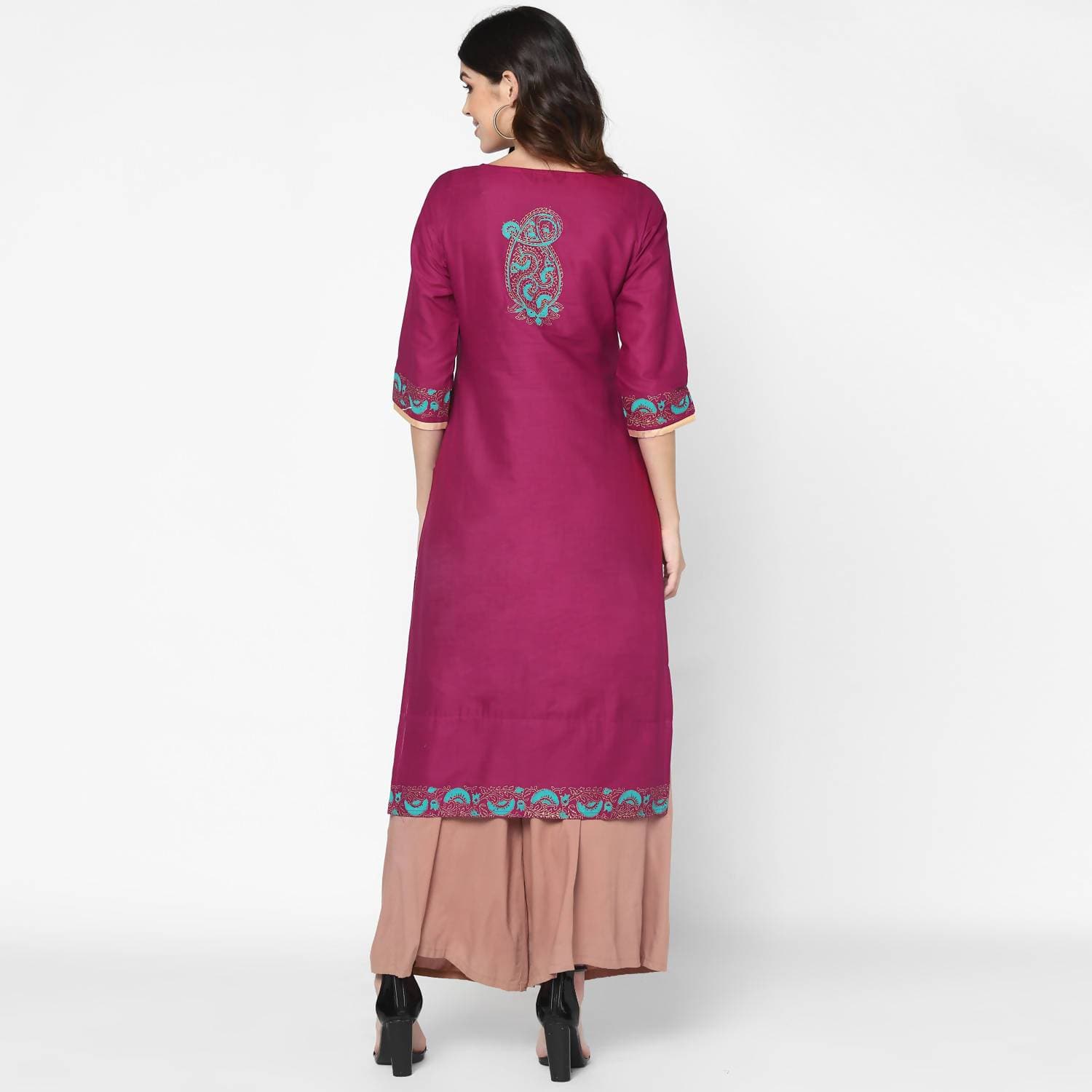 Cheera Hand Block Print Purple & Skin Color Straight Kurta With Palazzo (MAAI-075K)
