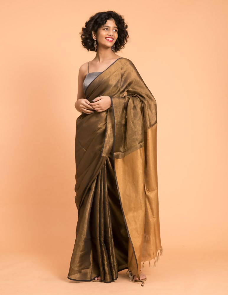 Suta Black Gold Woven Design Zari Pure Linen Saree - Distacart