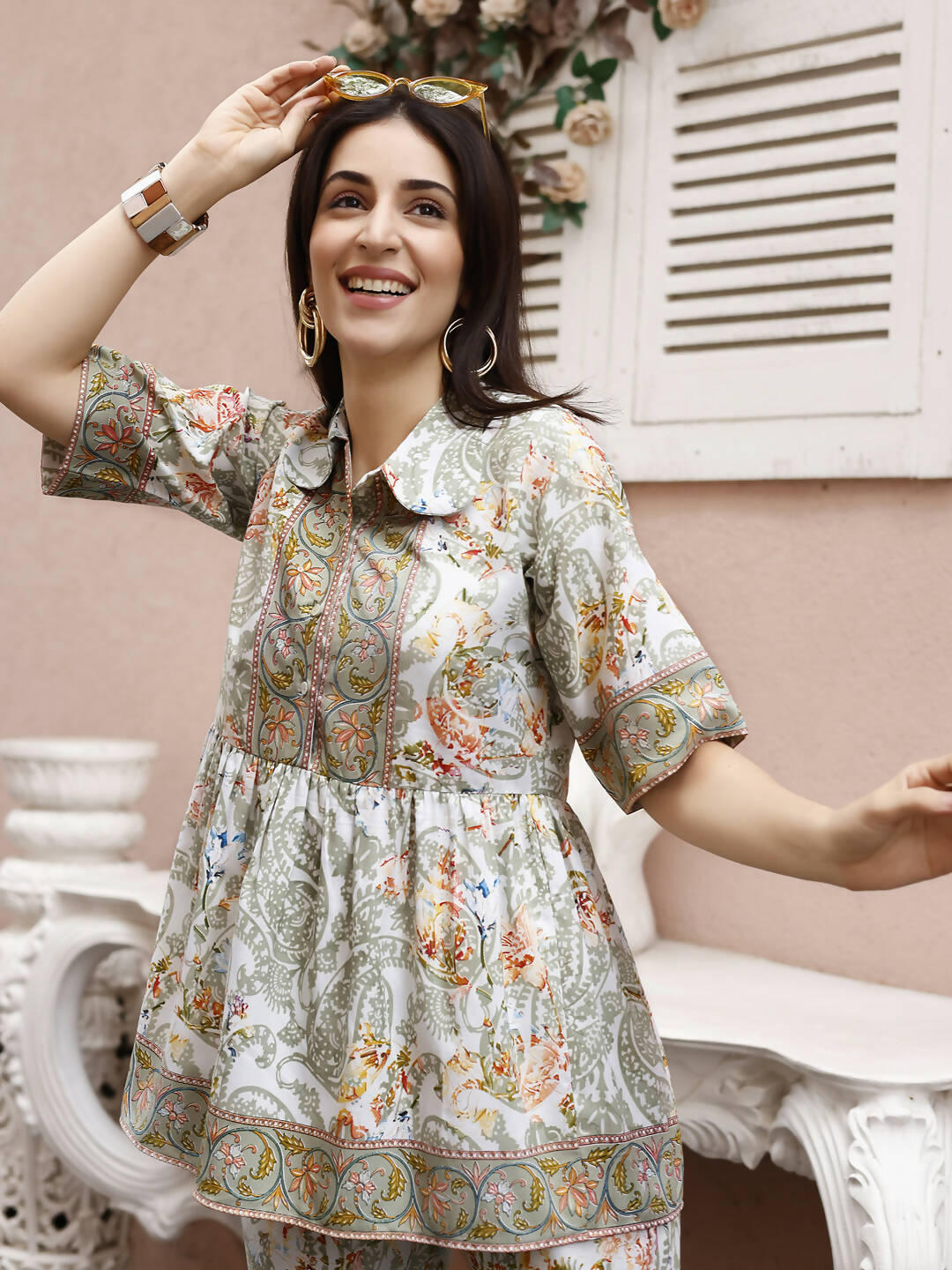 Off White Rayon Paisley Printed Top with Matching Bottom - Eesha - Distacart