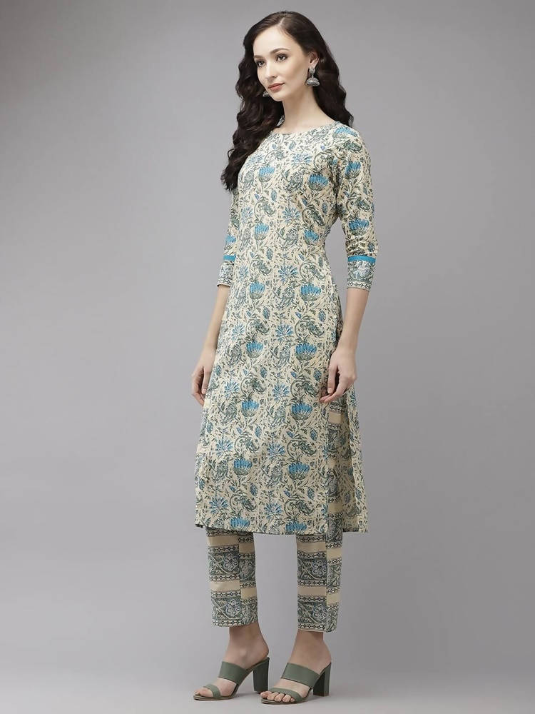 Yufta Women Beige Floral Printed Regular Pure Cotton Kurta with Trouser