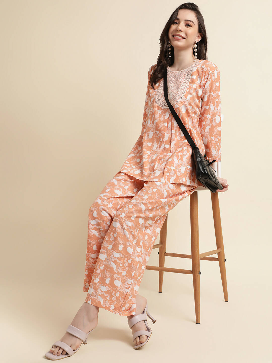Orange Poly Crepe Digital Printed Top with Matching Bottom - Preeti - Distacart