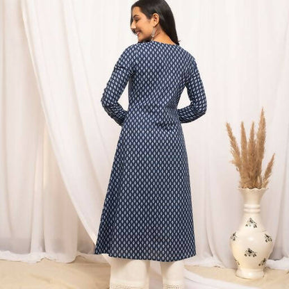 FIORRA Women's Floral Printed Navy Blue Cotton A-Line Kurta - Distacart