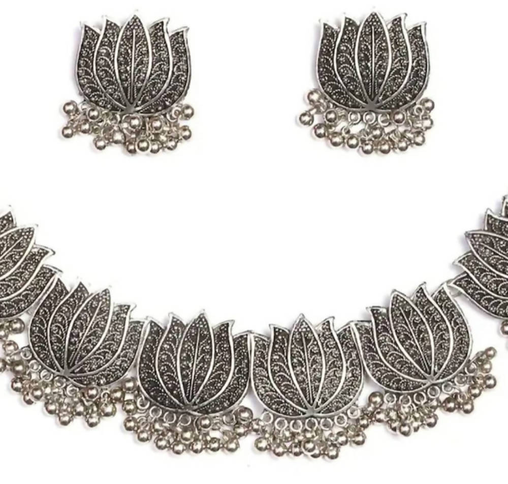 Oxidised Lotus Design Silver Color Necklace Choker Set