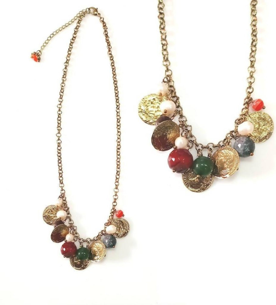 Bling Accessories Antique Brass Finish Brass Metal Coral Semi Precious Coin Charm Necklace with Real Baroque Pearls