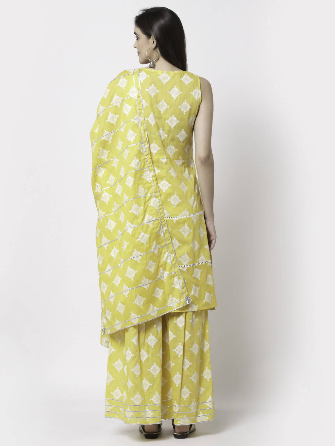 Myshka Yellow Pure Cotton Printed Sleeveless Round Neck Kurta Palazzo Dupatta Set