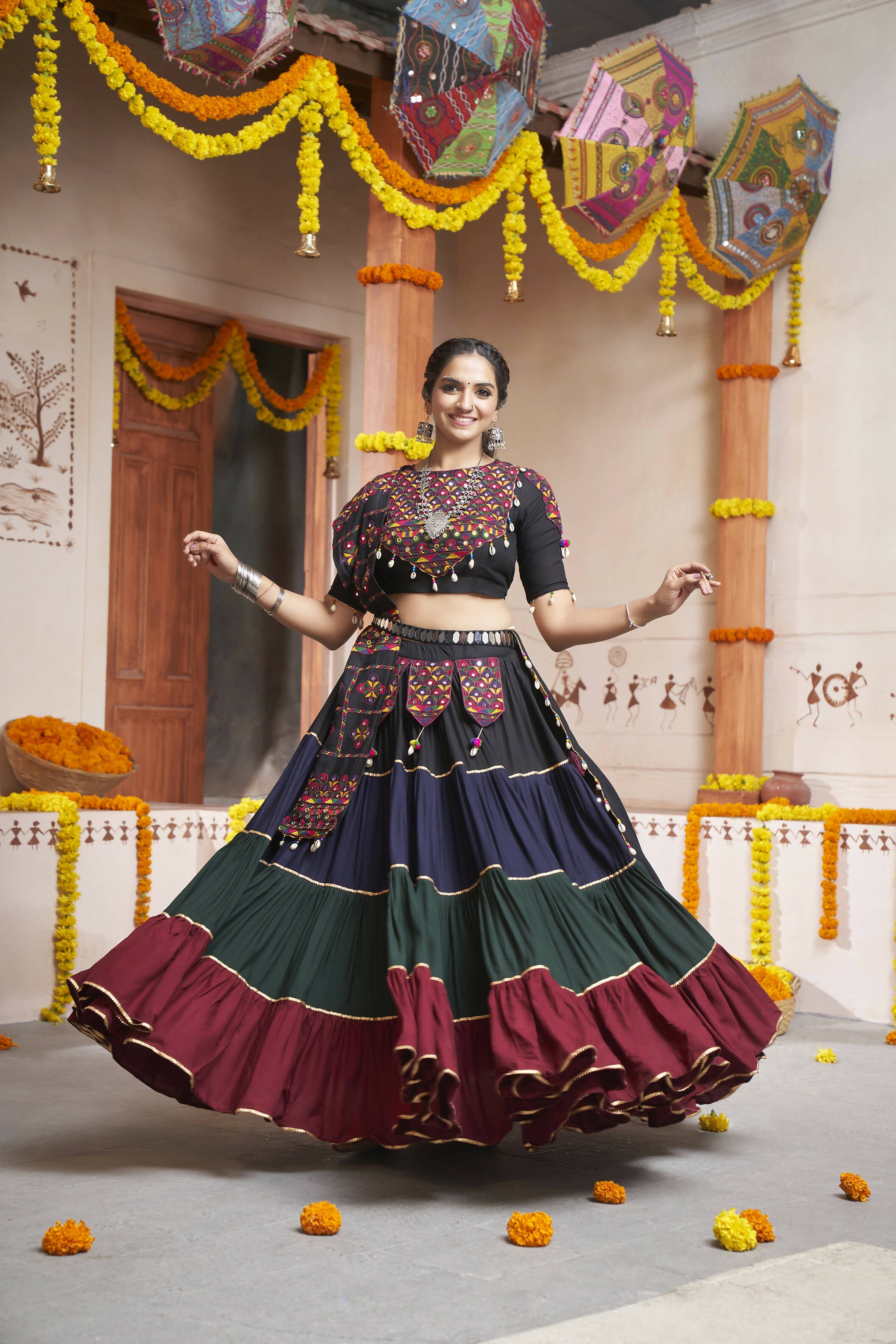 Multi Color Viscose Rayon Thread Embroidery with mirror work Navratri Lehenga Choli with Dupatta - Raas - Distacart