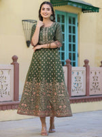Thumbnail for Juniper Women Olive Chanderi Printed Maxi Dress with Embroidered Yoke - Distacart