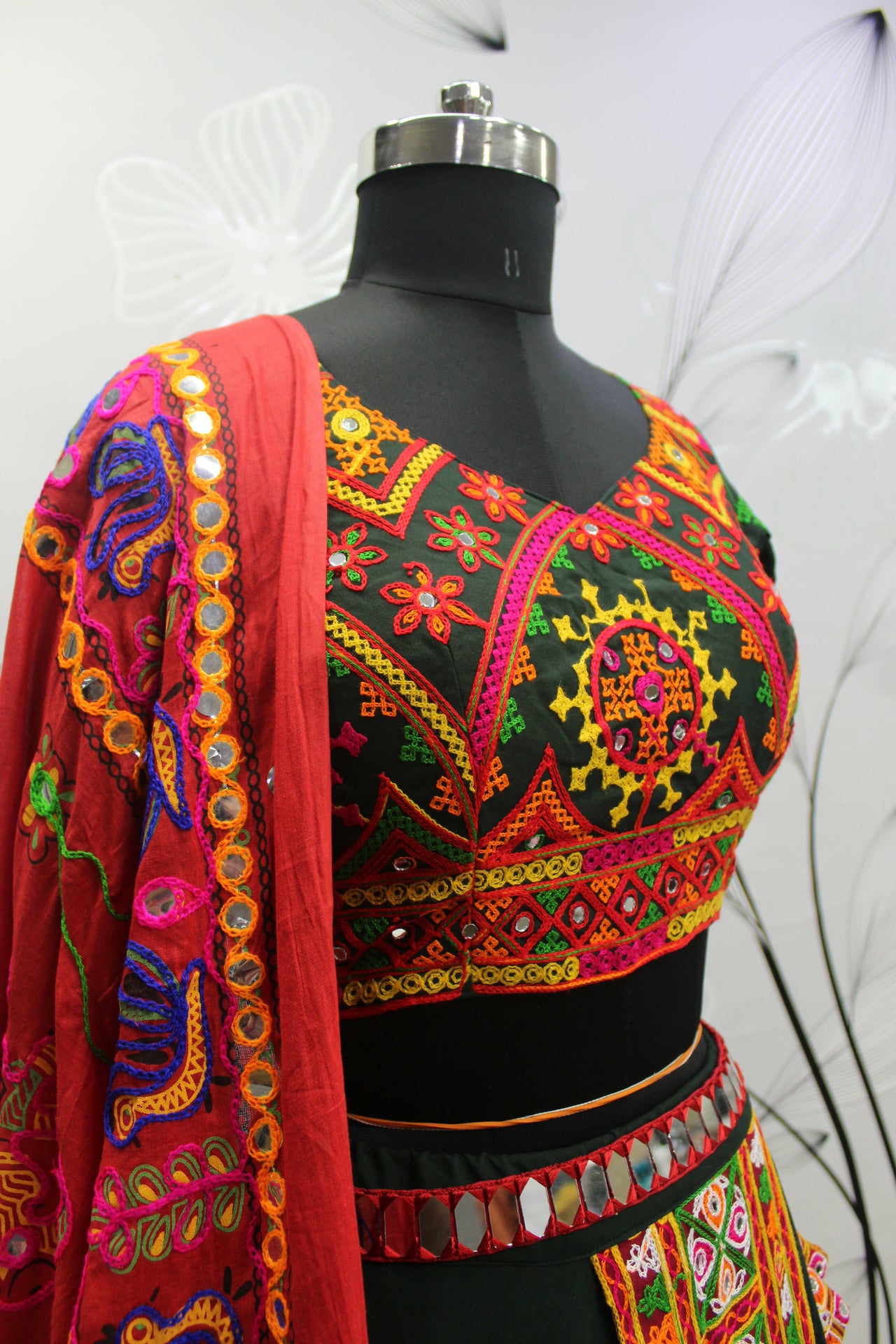 Green Viscose Rayon Thread Embroidered Navratri Lehenga Choli with Dupatta - Raas - Distacart
