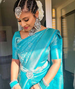 Thumbnail for DEIANA'S Beautiful Golden Jari with New Design Soft Lichi Silk Saree - Sky - Distacart