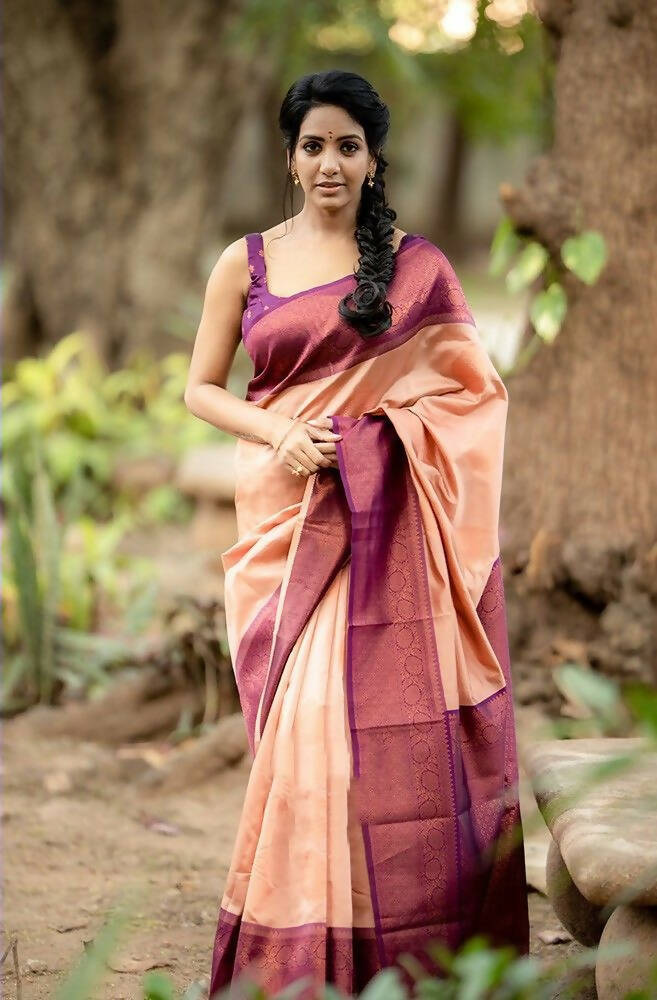 DEIANA'S Beautiful Golden Jari with New Design Soft Lichi Silk Saree - Peach - Distacart